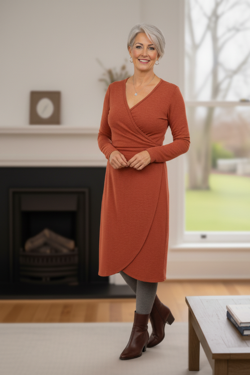 Winter Faux Wrap Calf Length Dress Long Sleeve