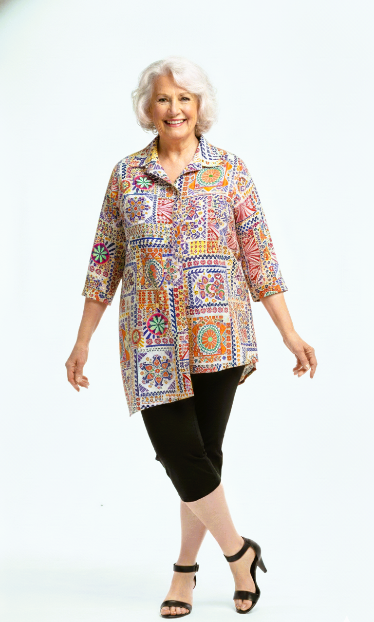 Margaret Floral Cotton Shirt – Longline 3/4 Sleeve