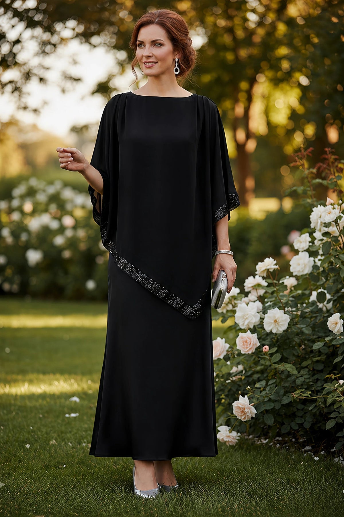 Midnight Gala Chiffon Overlay Poncho Blouse