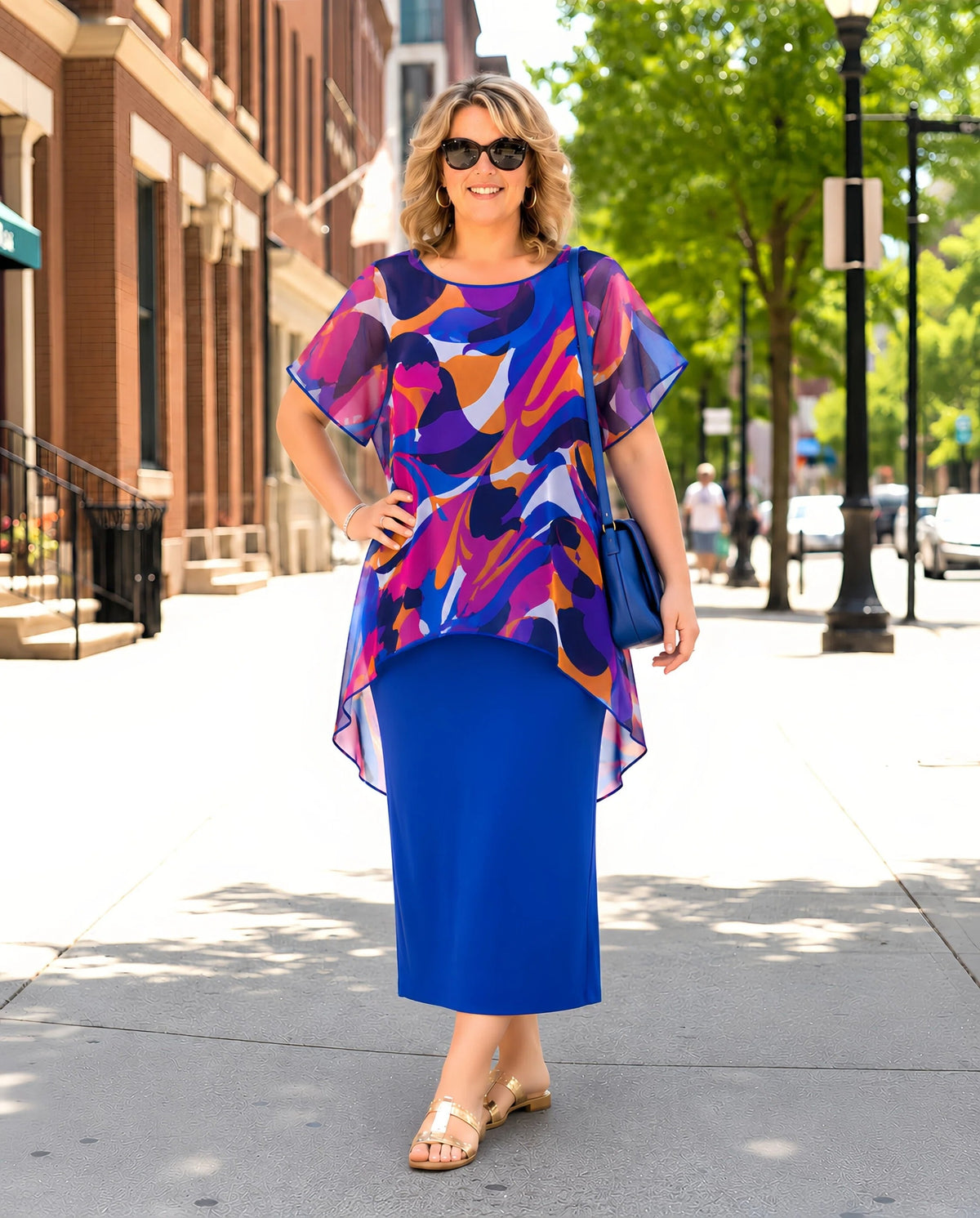 RTM1964-A-Print Chiffon Overlay Top