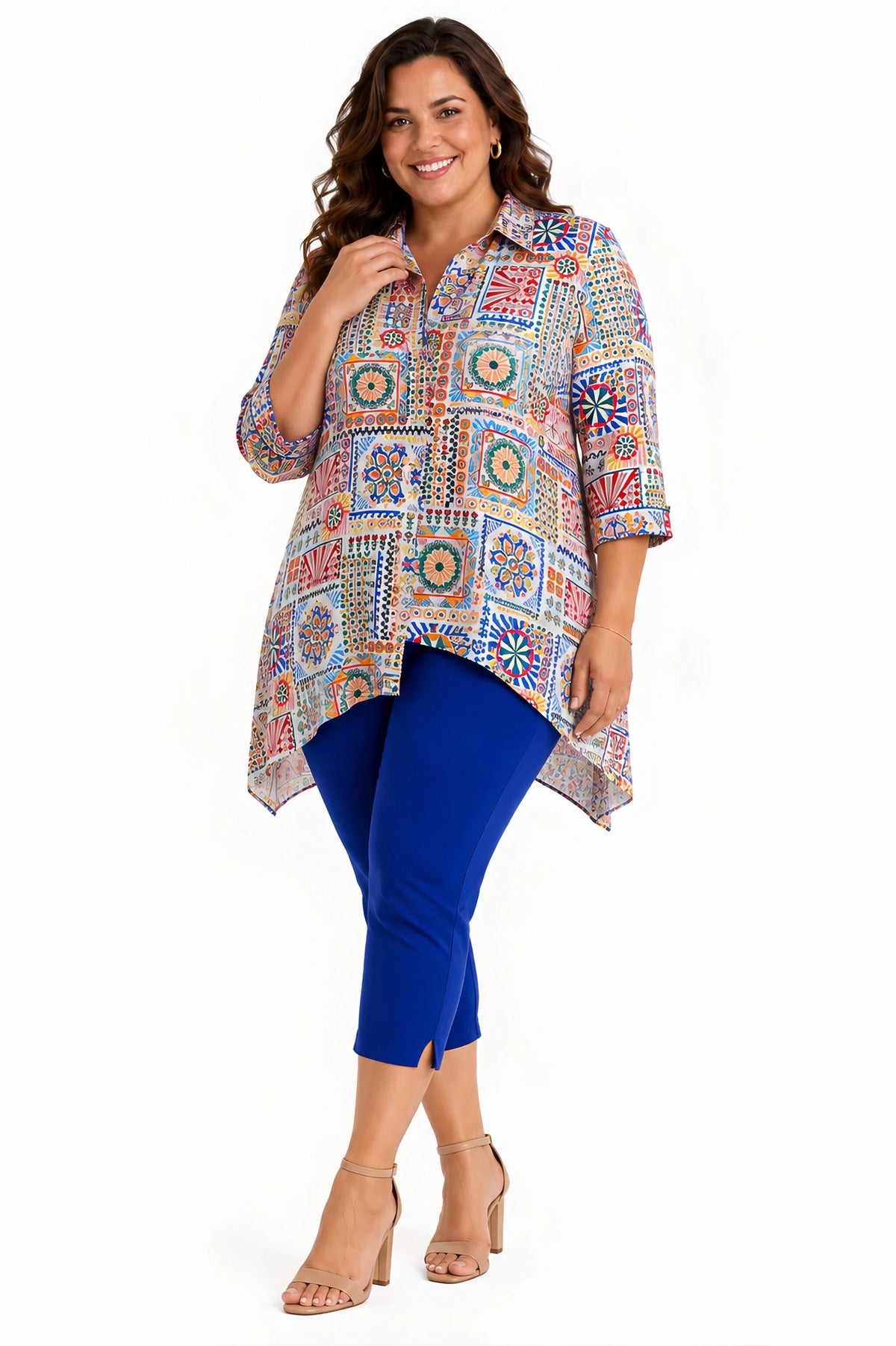 Margaret Floral Cotton Shirt – Longline 3/4 Sleeve