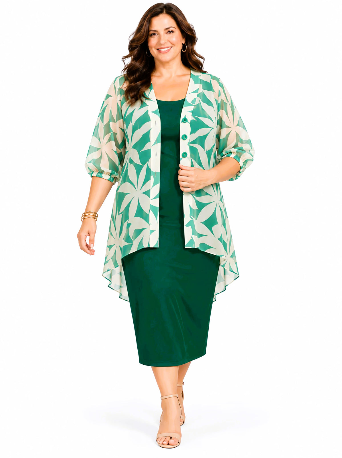 Long Line Chiffon Shrug with Button Detail